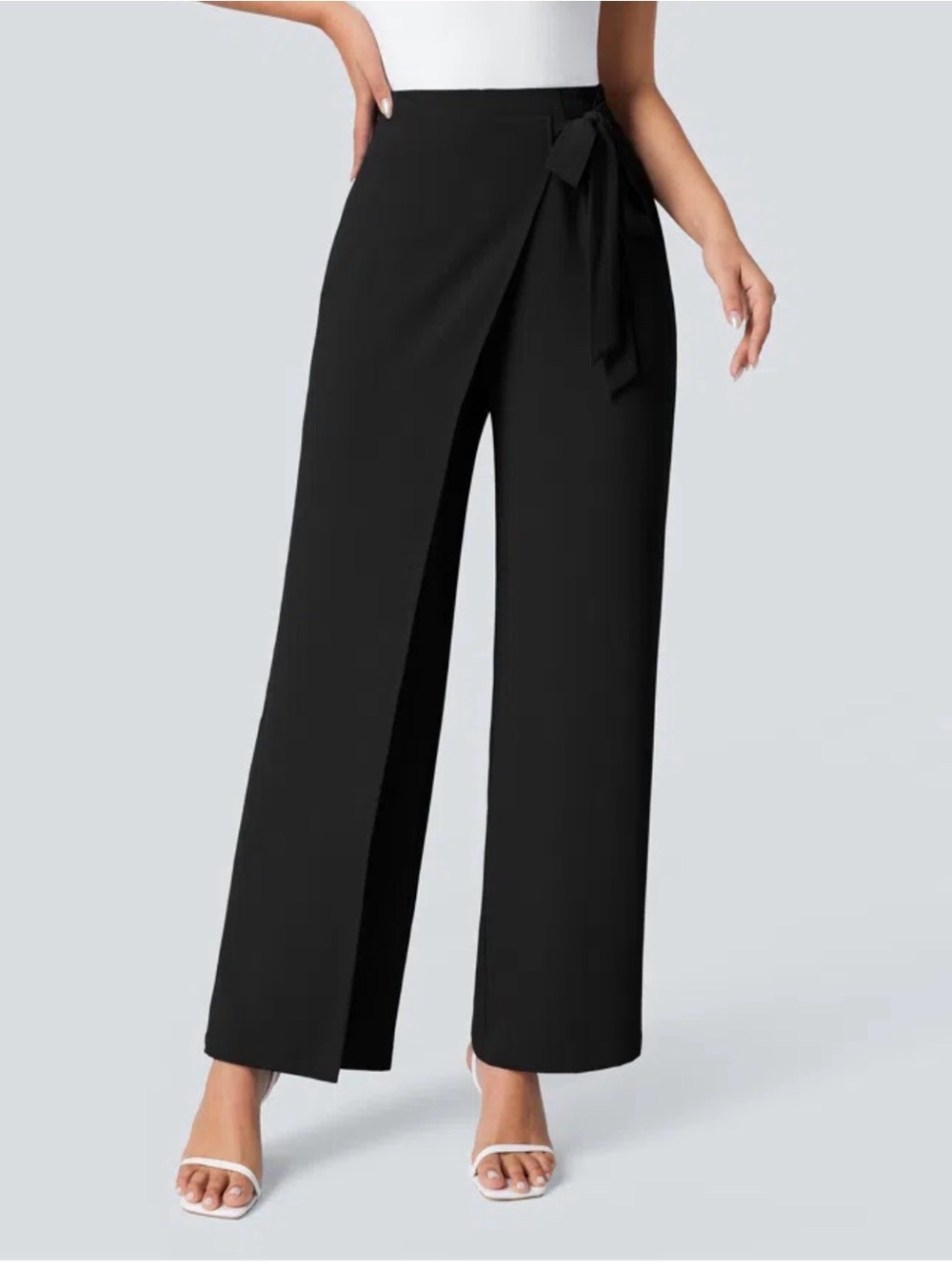 HALARA Black Wrap-Front Wide Leg Pants with Tie - Picture 2 of 3